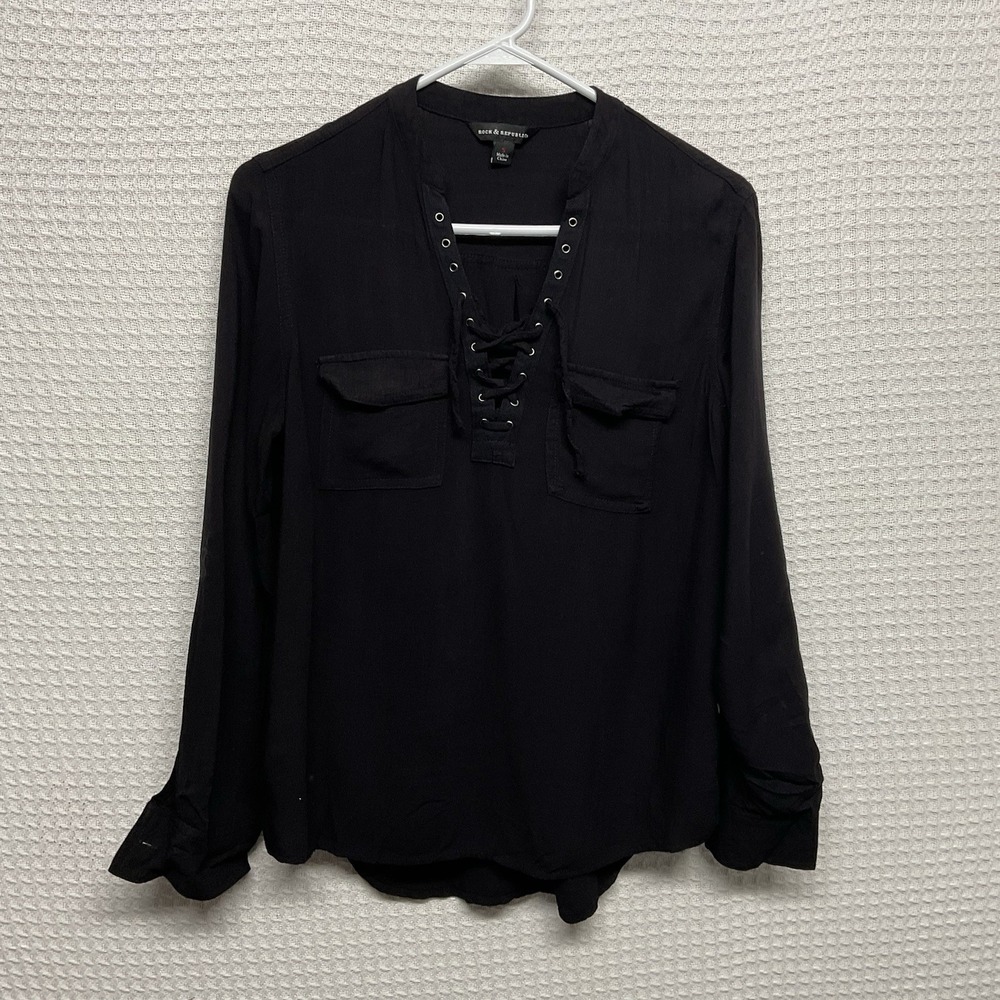 Rock Republic Black Lace Up V-Neck Top Womens Small Long Sleeves‎ Hi Low Hem Y2K